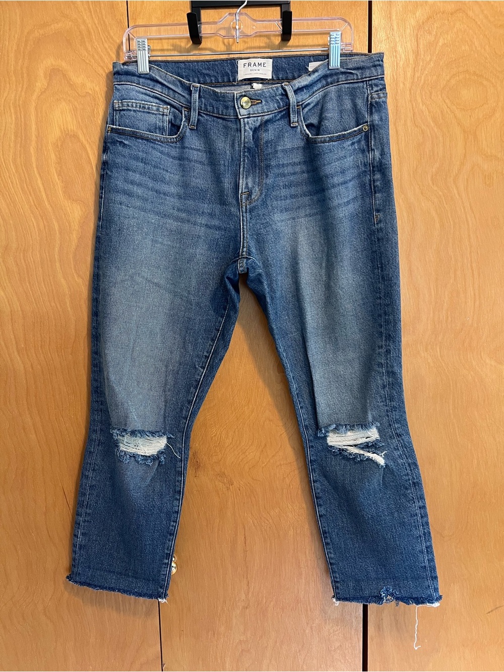 Frame Denim Le Boy Crop Distressed Mid Blue Jeans